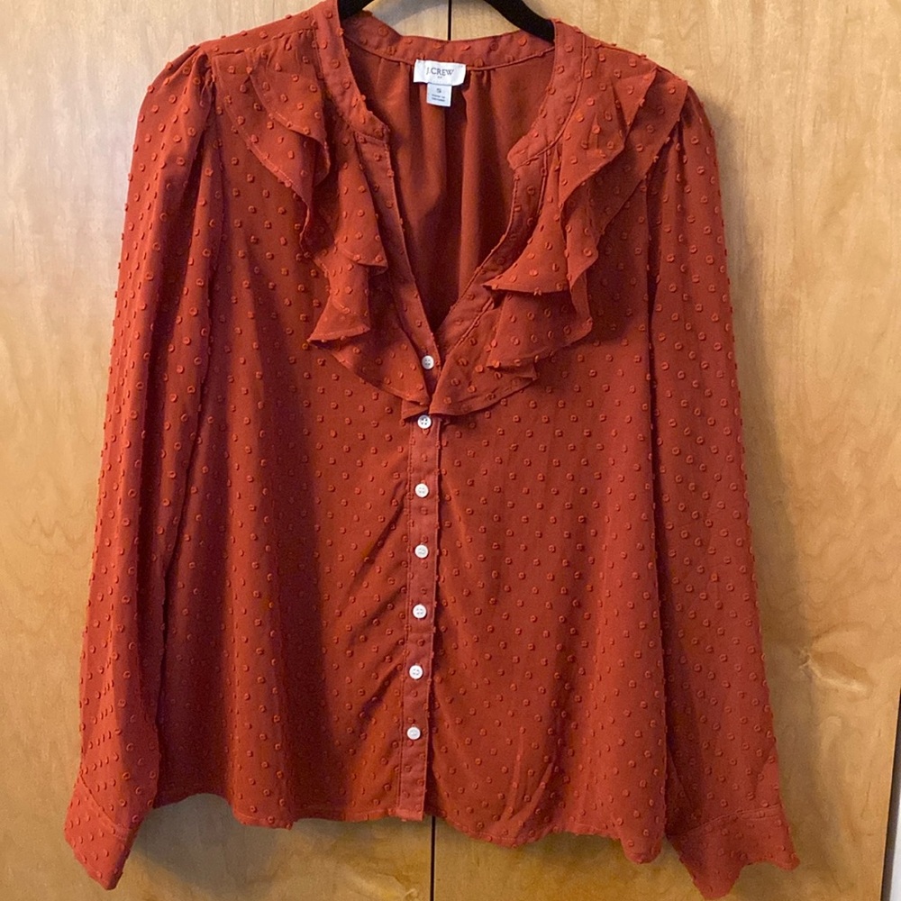 J.Crew cinnamon clip dot ruffle front pleated shoulder fully lined blouse small